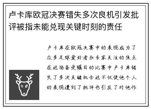 卢卡库欧冠决赛错失多次良机引发批评被指未能兑现关键时刻的责任