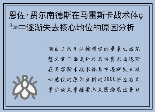 恩佐·费尔南德斯在马雷斯卡战术体系中逐渐失去核心地位的原因分析 恩佐·费尔南德斯在马雷斯卡战术体系中逐渐失去核心地位的原因分析