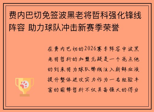 费内巴切免签波黑老将哲科强化锋线阵容 助力球队冲击新赛季荣誉 费内巴切免签波黑老将哲科强化锋线阵容 助力球队冲击新赛季荣誉